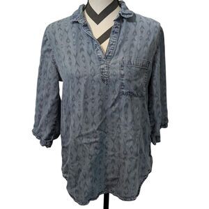 Side Stitch M Women's Blue Tencel Lyocell Ikat Print V-Neck Roll Tab Tunic Top